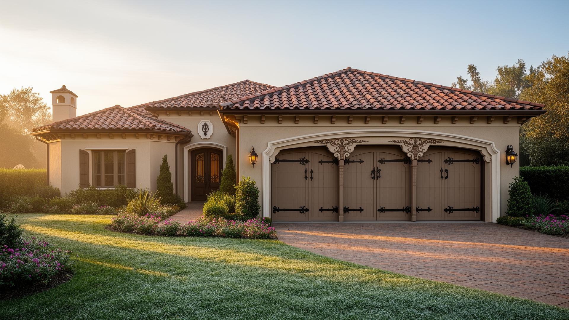 Luxury Mediterranean villa with Victorian style garage doors in Smithfield NC